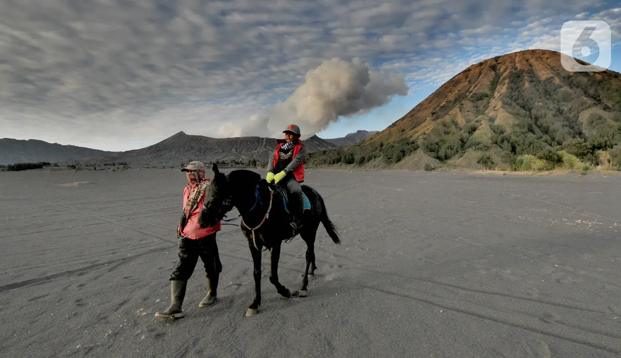 Pemilik kuda mengantarkan pengunjung berkuda di lautan pasir Gunung Bromo, Probolinggo, Jawa Timur, Jumat (10/9/2021). Balai Besar Taman Nasional Bromo Tengger Semeru (BB-TNBTS) mulai membuka pintu masuk kawasan wisata Bromo melalui Kabupaten Probolinggo. (merdeka.com/Arie Basuki)