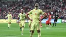 Pemain Spanyol, Mikel Merino, melakukan selebrasi setelah mencetak gol ke gawang Turki di laga kedua Grup E Kualifikasi Piala Dunia 2026 Zona Eropa di Torku Arena, Senin (08/09/2025). (AFP/Ozan Kose)