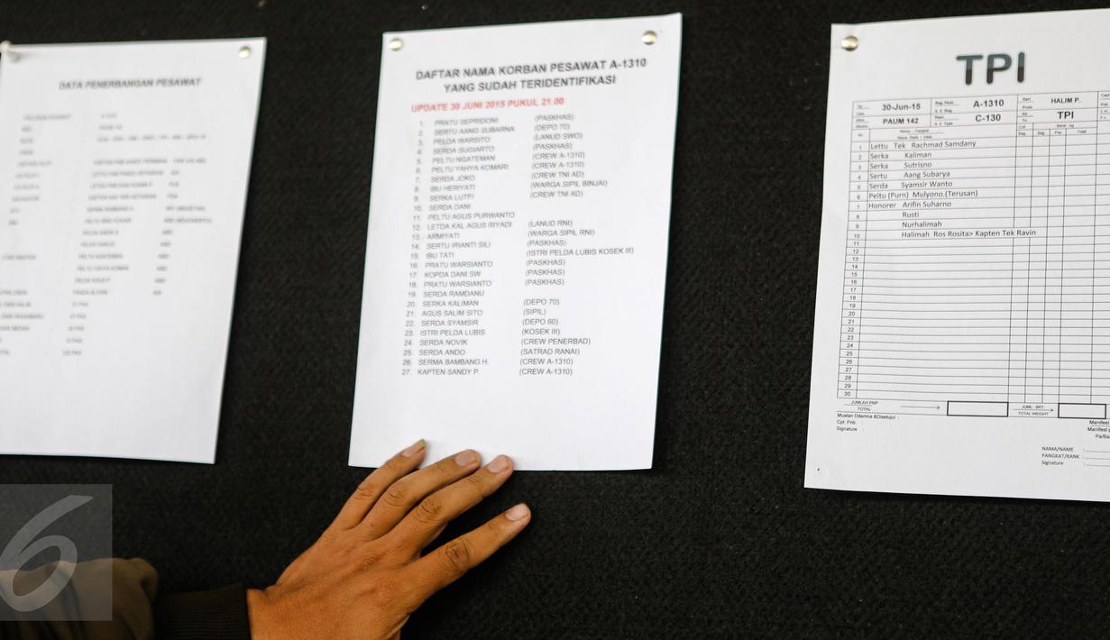 Awak media melihat daftar nama korban yang sudah berhasil diidentifkasi akibat jatuhnya pesawat Hercules C-130 milik TNI AU di Medan pada 30 Juni 2015, di Pangkalan Udara Halim Perdanakusuma, Jakarta, Rabu (1/7/2015). (Liputan6.com/Faizal Fanani)
