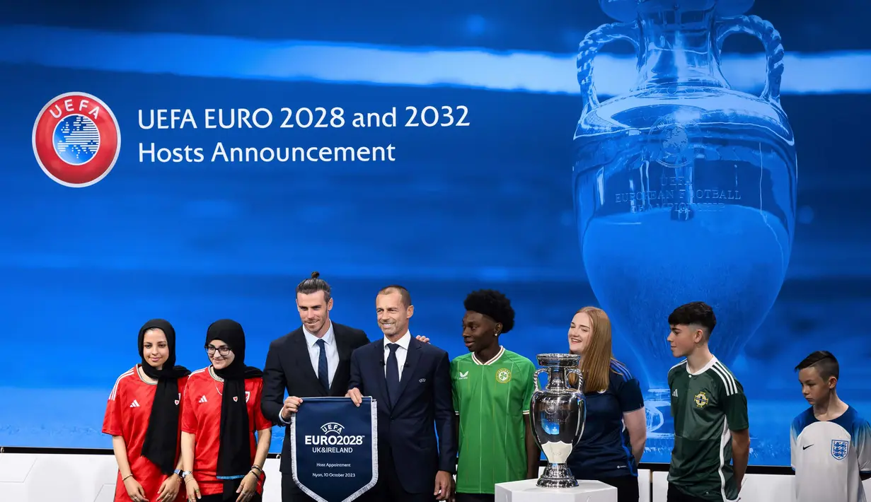 Britania Raya (Inggris, Irlandia Utara, Skotlandia, Wales) dan Republik Irlandia resmi terpilih sebagai tuan rumah Euro 2028. (Jean-Christophe Bott/Keystone via AP)