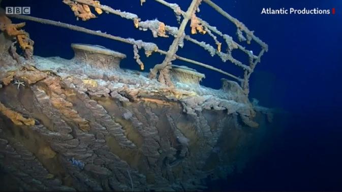 Bangkai Titanic yang direkam oleh tim penjelajah bawah laut Triton Submarines. (Screengrab video Atlantic Production)