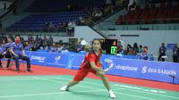 Penampilan pemain Indonesia, Gregoria Mariska Tunjung, pada semifinal beregu putri SEA Games 2021 kontra Vietnam, Selasa (17/5/2022). (Humas PBSI)