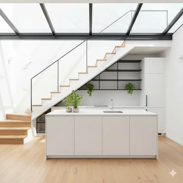 Dapur Bawah Tangga dengan Rak Besi dan Pencahayaan Natural 2025. Gemini