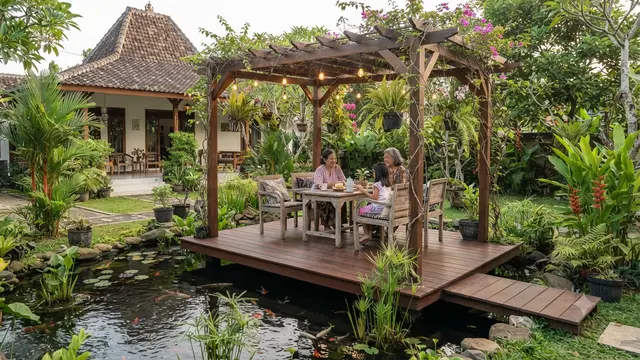 Model Dek Kayu Mini di Atas Kolam, Solusi Cantik untuk Ruang Santai Outdoor dengan Pergola