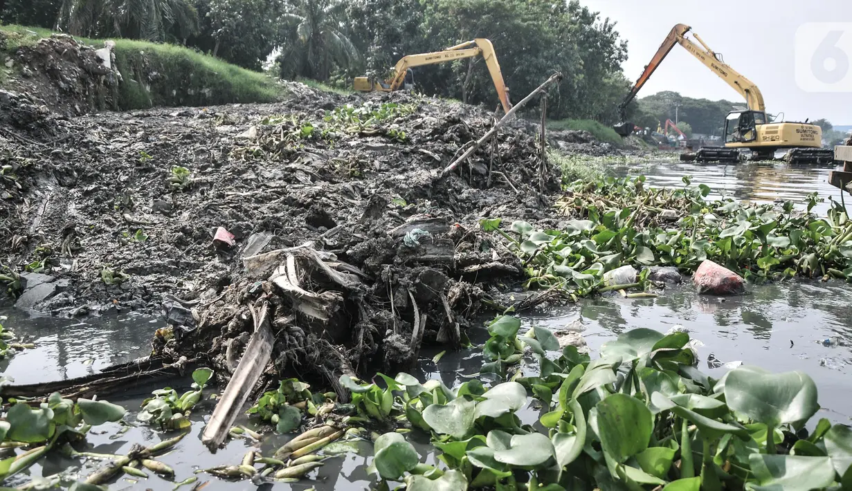 Petugas Suku Dinas Sumber Daya Air Jakarta Utara menggunakan kendaraan alat berat saat membersihkan lumpur Waduk Pluit, Senin (13/6/2022). Pengerukan lumpur rutin ini dilakukan sebagai upaya mengurangi endapan serta tanaman liar dan mencegah banjir di kawasan tersebut. (merdeka.com/Iqbal S Nugroho)