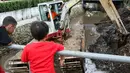 Anak-anak menonton pengerukan lumpur di Kali Baru Barat di jalan Dr Saharjo, Menteng Atas, Jakarta, Selasa (23/2). Sudin Tata Air Jakarta Selatan menurunkan 1 alat berat untuk melakukan pengerukan sendimen lumpur. (Liputan6.com/Yoppy Renato)