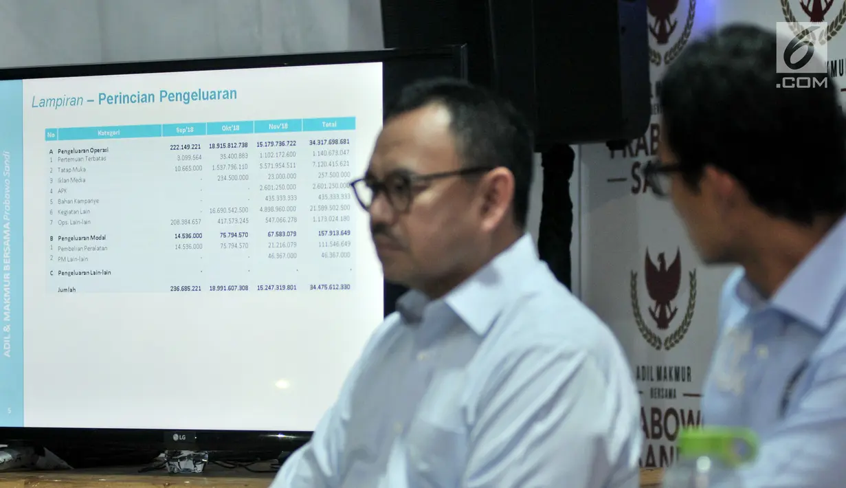 Layar rincian pengeluaran dana kampanye pasangan Prabowo-Sandiaga di Jakarta, Rabu (28/11). Penerimaan dana kampanye Prabowo-Sandiaga hingga saat ini tercatat Rp 41,9 miliar. (merdeka.com/Iqbal S Nugroho)