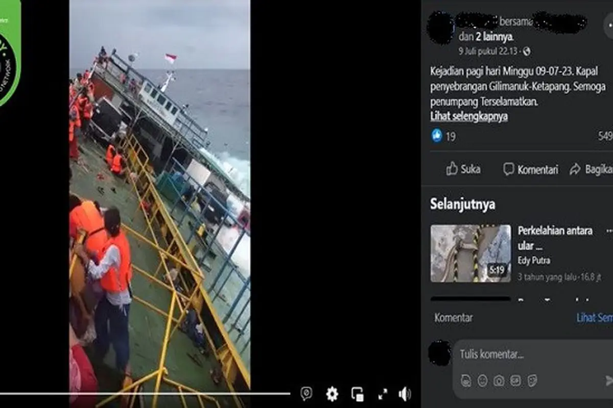 Gambar Tangkapan Layar Video yang Diklaim Kapal Penyeberangan Gilimanuk-Ketapang Karam pada 9 Juli 2023 (sumber: Facebook).