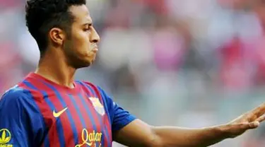 Ekspresi bintang muda Barcelona Thiago Alcantara ketika menghadapi Internacional di ajang Audi Cup di Munich, Jerman, 26 Juli 2011. AFP PHOTO/CHRISTOF STACHE