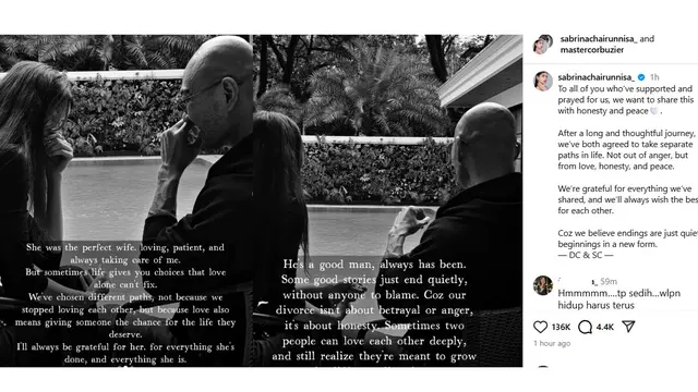 Pernyataan bersama Deddy Corbuzier - Sabrina Chairunnisa soal isu perceraian. (Instagram/ sabrinachairunnisa_ - mastercorbuzier)