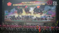 Tentara mengikuti upacara peresmian Komando Operasi Khusus (Koopssus) TNI di Lapangan Markas Koopssus TNI, Mabes TNI, Jakarta, Selasa (30/7/2019). Koopssus TNI bertugas memberikan dukungan dalam operasi khusus yang membutuhkan kecepatan dan keberhasilan tinggi. (Liputan6.com/Faizal Fanani)