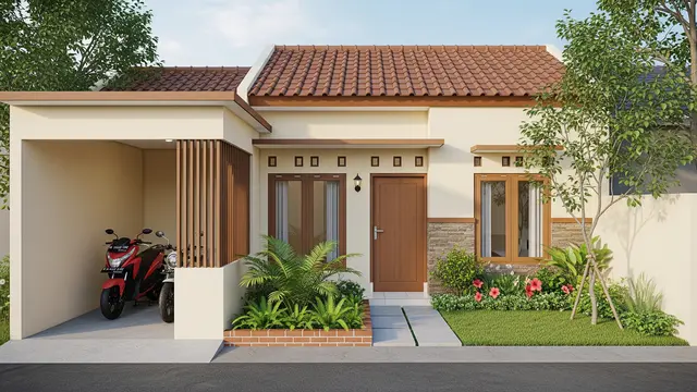 Contoh Desain Rumah 6x9 dengan Garasi Motor dan Taman Depan