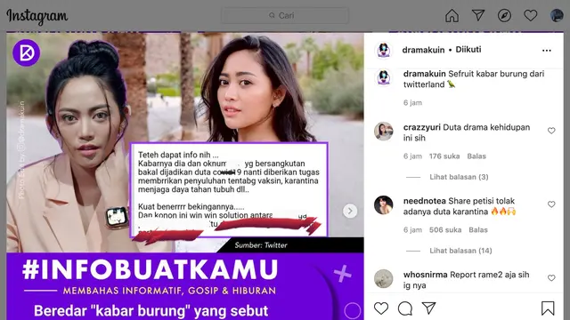 Unggahan soal Rachel Vennya. (Foto: Instagram @dramakuin)