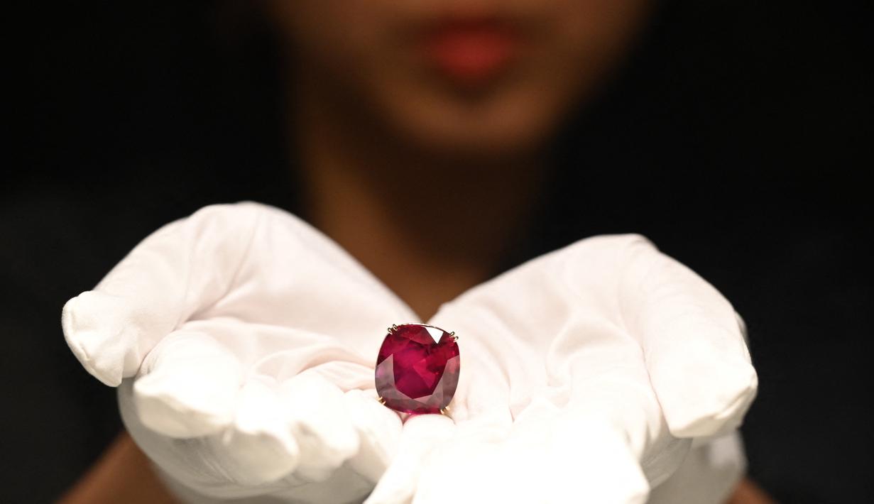 Sotheby’s bakal melelang batu rubi terbesar dunia di New York, pada Juni 2023 nanti. (Photo by Peter PARKS / AFP)