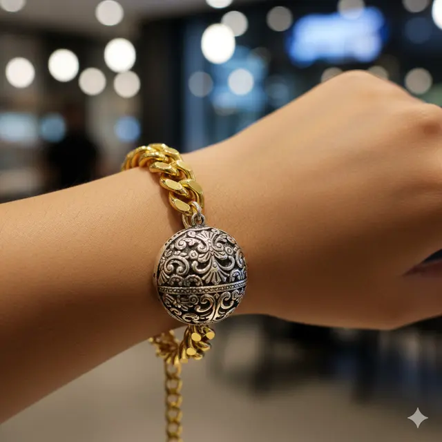 Gelang Emas Model Cuban Link Kombinasi Perak