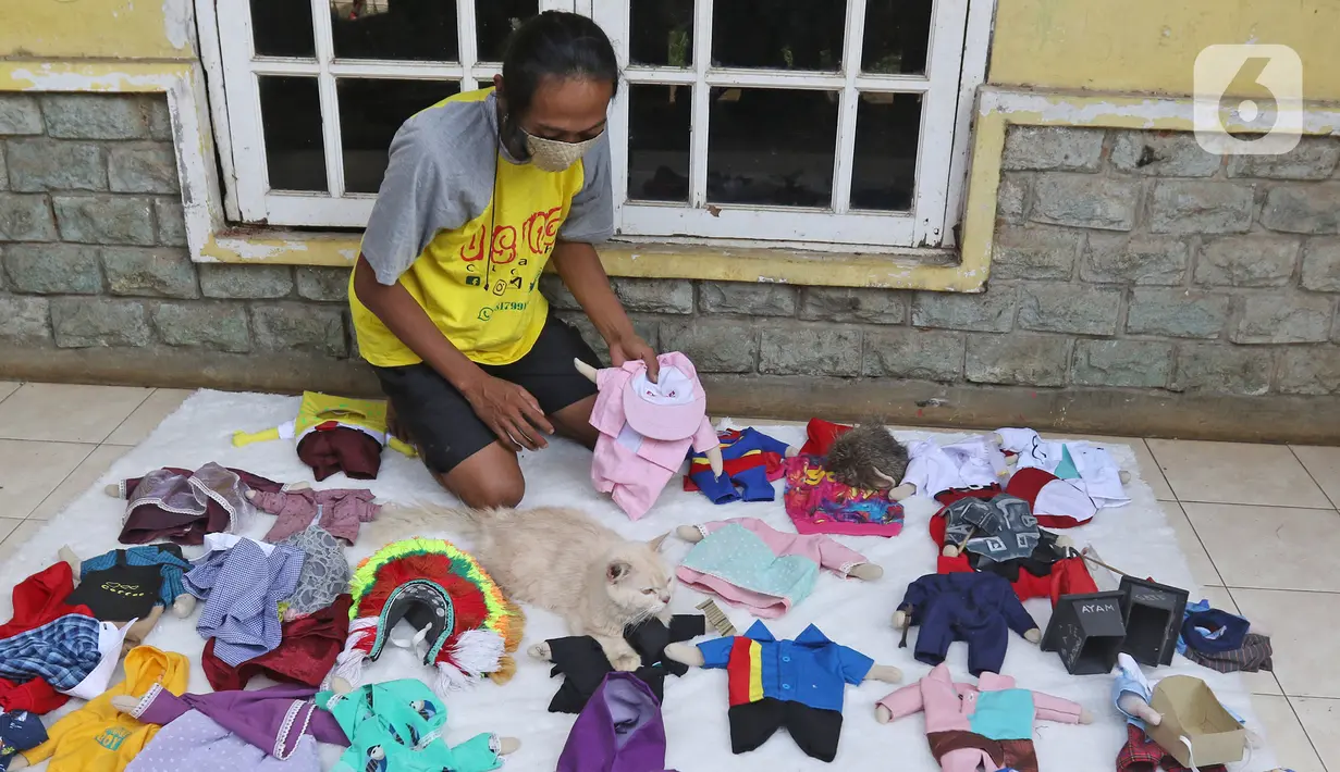 Sejumlah koleksi kostum kucing rancangan Fredi Lugina Priadi di rumah industri di Desa Jampang, Kabupaten Bogor, Selasa (8/12/2020). Fredi merancang kostum unik untuk kucing seperti baju dokter atau superhero dengan harga yang berkisar dari Rp38 ribu hingga Rp1,5 juta. (Liputan6.com/Herman Zakharia)