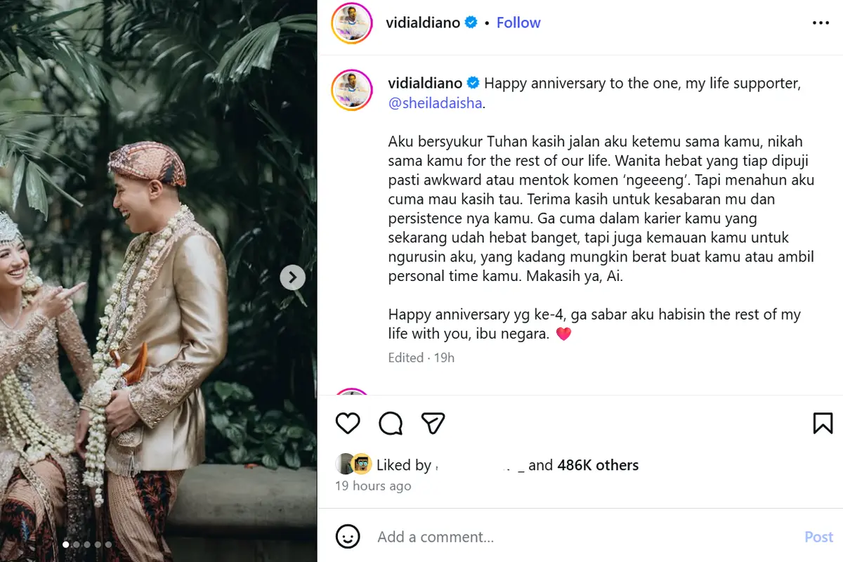 Ucapan selamat ulang tahun pernikahan Sheila Dara. (Instagram/ vidialdiano)