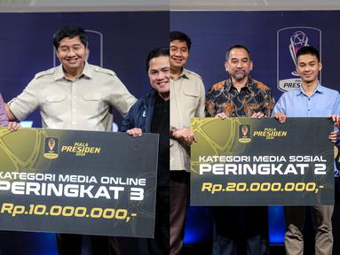 Jurnalis Bola.com dan video editor Bola.net mendapatkan penghargaan Lomba Karya Jurnalistik Piala Presiden 2024 dalam acara Malam Apresiasi Piala Presiden 2024 yang berlangsung di SCTV Tower, Senayan, Kamis (19/12/2024). (Bola.com/Bagaskara Lazuardi)