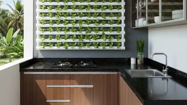 Inspirasi Desain Dapur Semi Terbuka Menyatu dengan Kebun Sayur Mini. AI