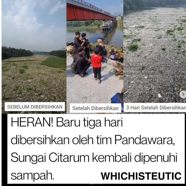 Baru 3 Hari Dibersihkan Pandawara, Sungai Citarum Kembali Dipenuhi Sampah.