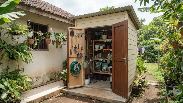 Desain gudang mini 1x2 meter di samping rumah sebagai contoh yang bisa jadi ruang serbaguna model gudang sekaligus tempat peralatan kebun