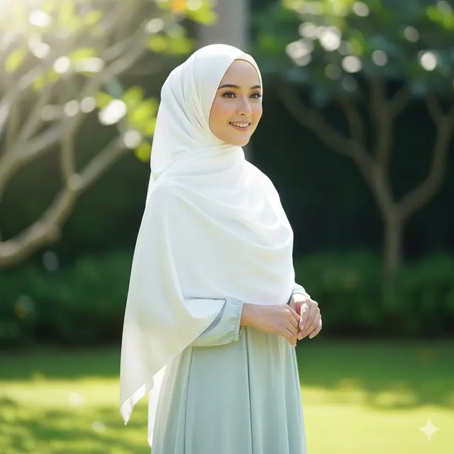 Gamis Tosca Flowly + Pashmina Satin Putih Gading