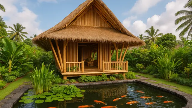 Model Rumah Bambu Gaya Bali Dengan Kolam Ikan/Ilustrasi gambar AI