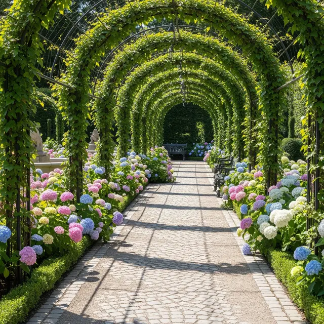Desain Kebun Rumah dengan Lorong Tanaman Rambat ala Taman Eropa (AI)