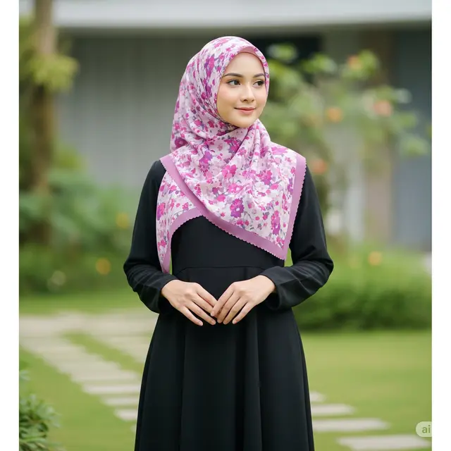 Dress Hitam Bahu Terbuka dengan Kardigan Luar dan Hijab Coral. Foto: Gemini