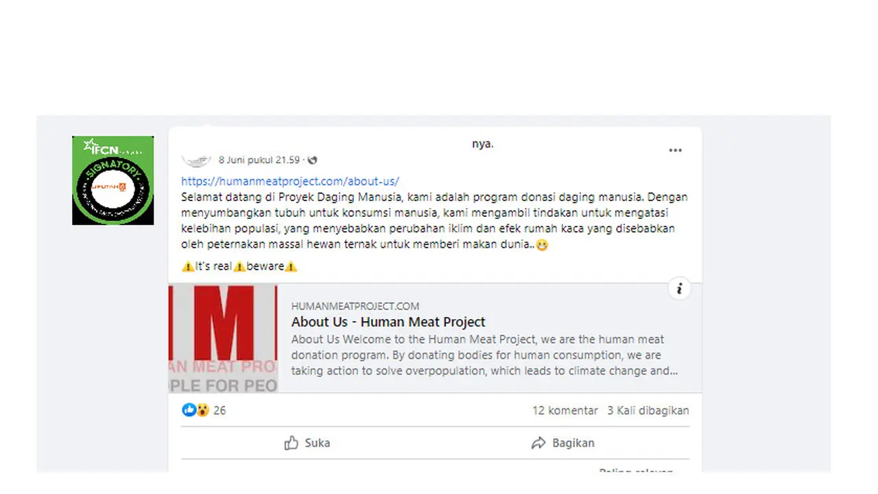 Tangkapan layar klaim program donasi daging manusia untuk mengatasi penyebab perubahan iklim