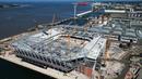 Foto udara stadion baru Everton, Bramley Moore Dock di Liverpool pada 5 Juni 2023. Stadion berkapasitas 52.888 penonton tersebut akan menggantikan kandang Everton yang awalnya terletak di Goodison Park. (AFP/Paul Ellis)