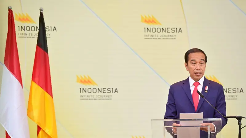 Presiden Jokowi saat berbicara di pembukaan pertemuan bisnis di Hall 2 Hannover Fairground, Hannover.