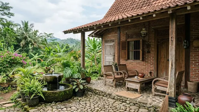 10 Desain Rumah Desa Sederhana dengan Pancuran Mini di Teras, Nuansa Relaksasi