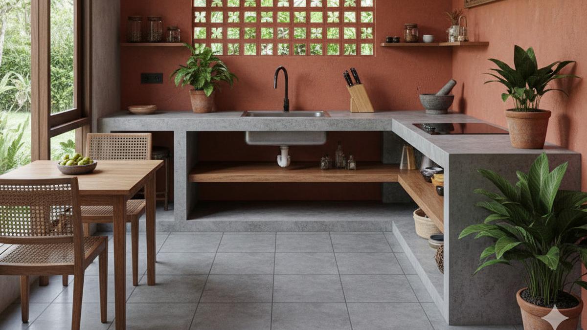 10 Dapur Rumah Kampung Tanpa Kitchen Set dengan Meja Semen Ekspos, Estetik Hemat Biaya