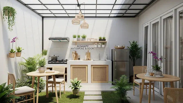 Inspirasi Rumah Type 45 dengan Dapur Terbuka Anti Asap dan Bau yang Bikin Sehat Penghuninya Model Dapur Semi Outdoor dengan Kanopi Transparan
