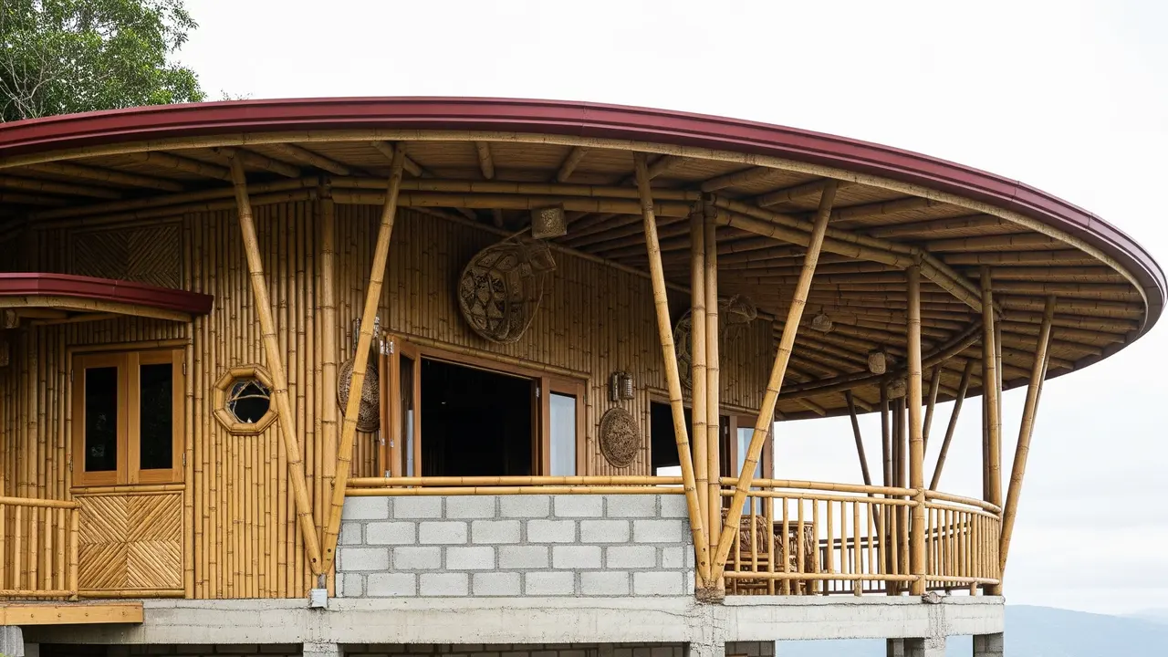 Rumah Bambu dan Batako Gaya Tropis dengan Teras Luas (Gemini AI)