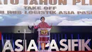 Menkeu Sri Mulyani menyampaikan arahannya pada Peringatan Satu Tahun Pusat Logistik Berikat (PLB) di Jakarta, Rabu (12/4). Sri Mulyani memberi Pekerjaan Rumah kepada PPLBI untuk menjadikan Indonesia Hub logistik Asia Pasifik. (Liputan6.com/Angga Yuniar)