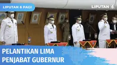Mendagri, Tito Karnavian melantik lima penjabat gubernur di Ruang Sasana Bhakti Praja, Kementerian Dalam Negeri, pada Kamis (12/05) siang. Penjabat gubernur menggantikan gubernur definitif yang berakhir masa jabatan dan akan bertugas hingga masa jaba...