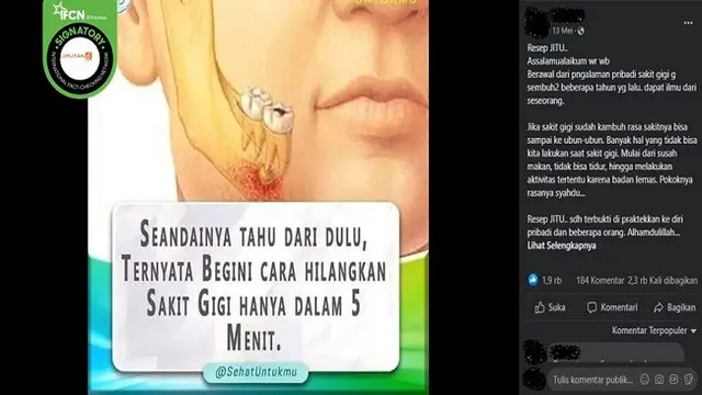 Gambar Tangkapan Layar Klaim Berkumur Air Rebusan Kulit Batang Mangga dan Garam Bisa Sembuhkan Sakit Gigi (sumber: Facebook).