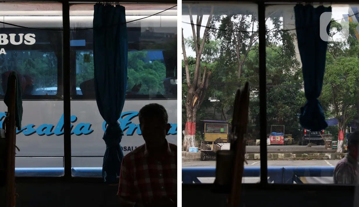 Foto kiri menggambarkan situasi Terminal Kampung Rambutan pada Senin (30/3/2020). Foto kanan menggambarkan situasi Terminal Kampung Rambutan pada Sabtu (25/4/2020). Guna memutus mata rantai penularan Covid-19, pemerintah resmi melarang mudik pada Jumat (24/4) lalu. (Liputan6.com/Helmi Fithriansyah)