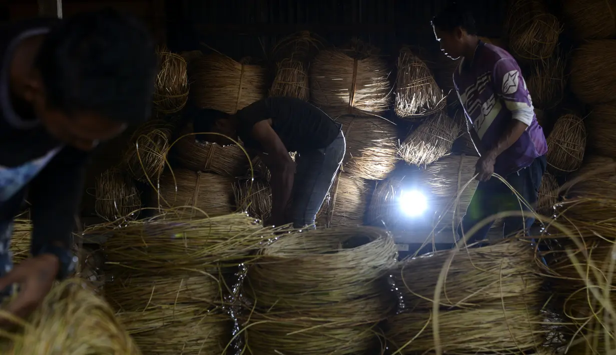 Seorang pekerja menyiapkan rotan untuk diekspor di sebuah bengkel di Banda Aceh (16/10/2019). Aceh merupakan salah satu sentra produksi rotan terbesar di Sumatera. (AFP Photo/Chaideer Mahyuddin)