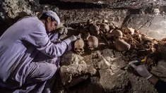 Seorang arkeolog tengah menggali tengkorak dan tulang yang berada di sebuah makam kuno di kota Luxor, Mesir (9/9). Makam ini diduga dulunya milik seorang pandai emas dan istrinya yang ditandai oleh penemuan patung keduanya. (AFP Photo/Khaled Desouki)