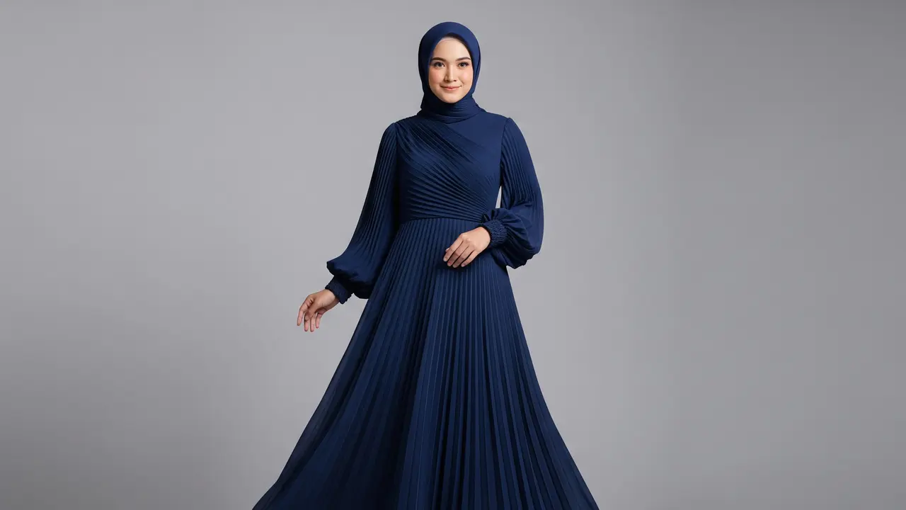 Gamis Plisket A-Line dengan Lengan Balon