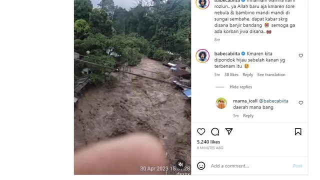 Babe Cabita membagikan kabar Sungai Sembahe diterjang banjir bandang (https://www.instagram.com/reel/Crp_T8Mrzcd/?igshid=MDJmNzVkMjY%3D)