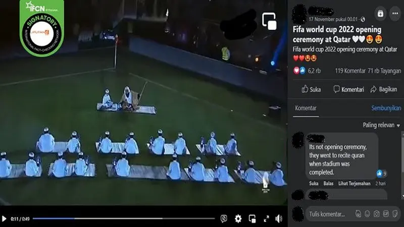 Gambar Tangkapan Layar Video yang Diklaim Seremoni Pembukaan Piala Dunia 2022 di Qatar (sumber: Facebook).