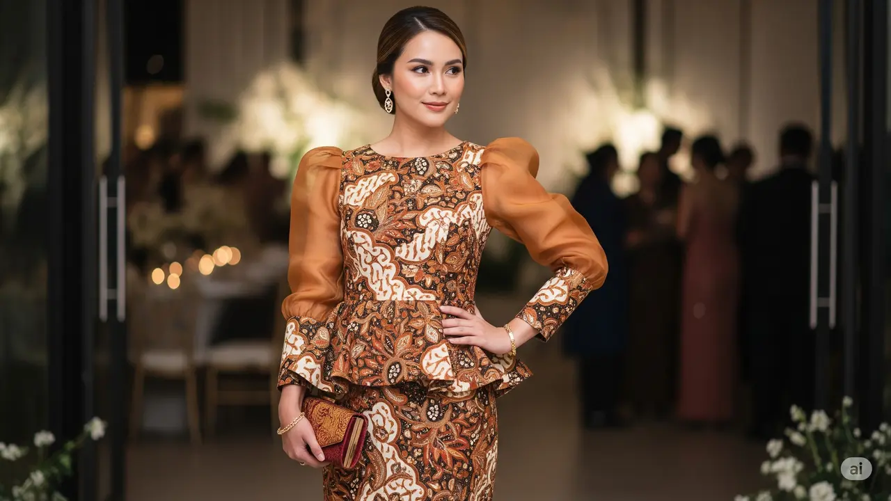 Dress Batik Pesta Elegan Lengan Puff Organza (Foto: Gemini AI)