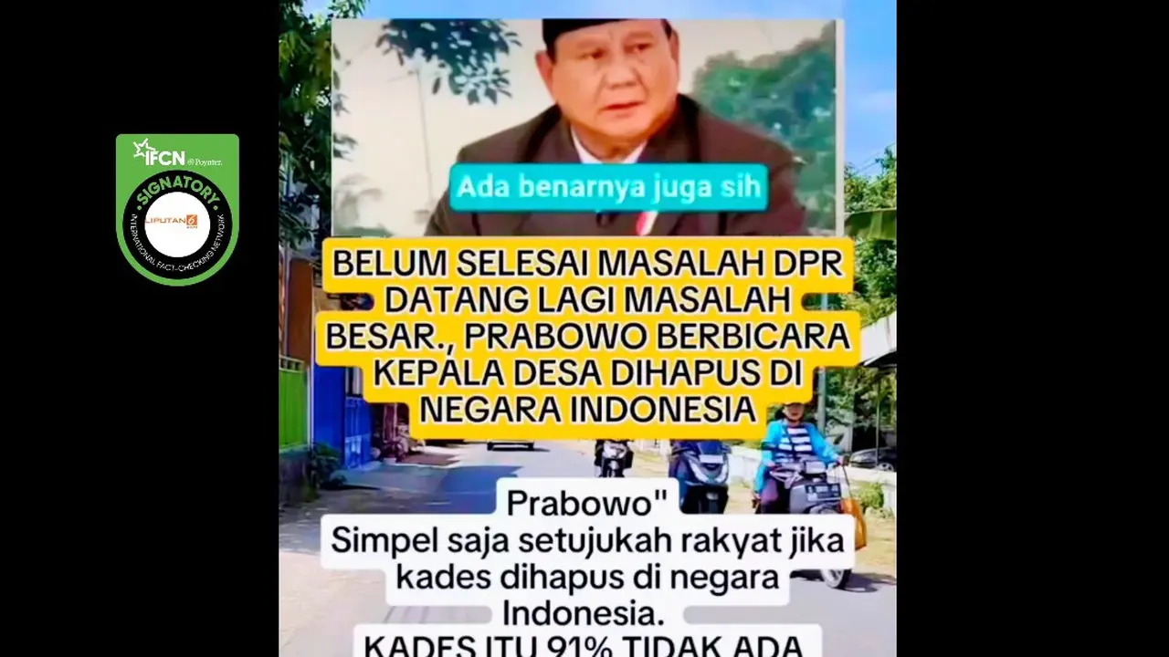 Tangkapan layar klaim Presiden Prabowo Subianto bicara kepala desa dihapus dari Indonesia.