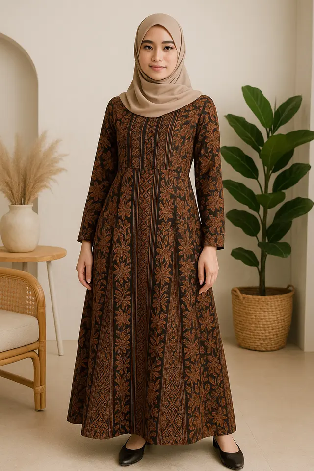 1. Gamis Batik A-Line Potongan Pinggang Tinggi