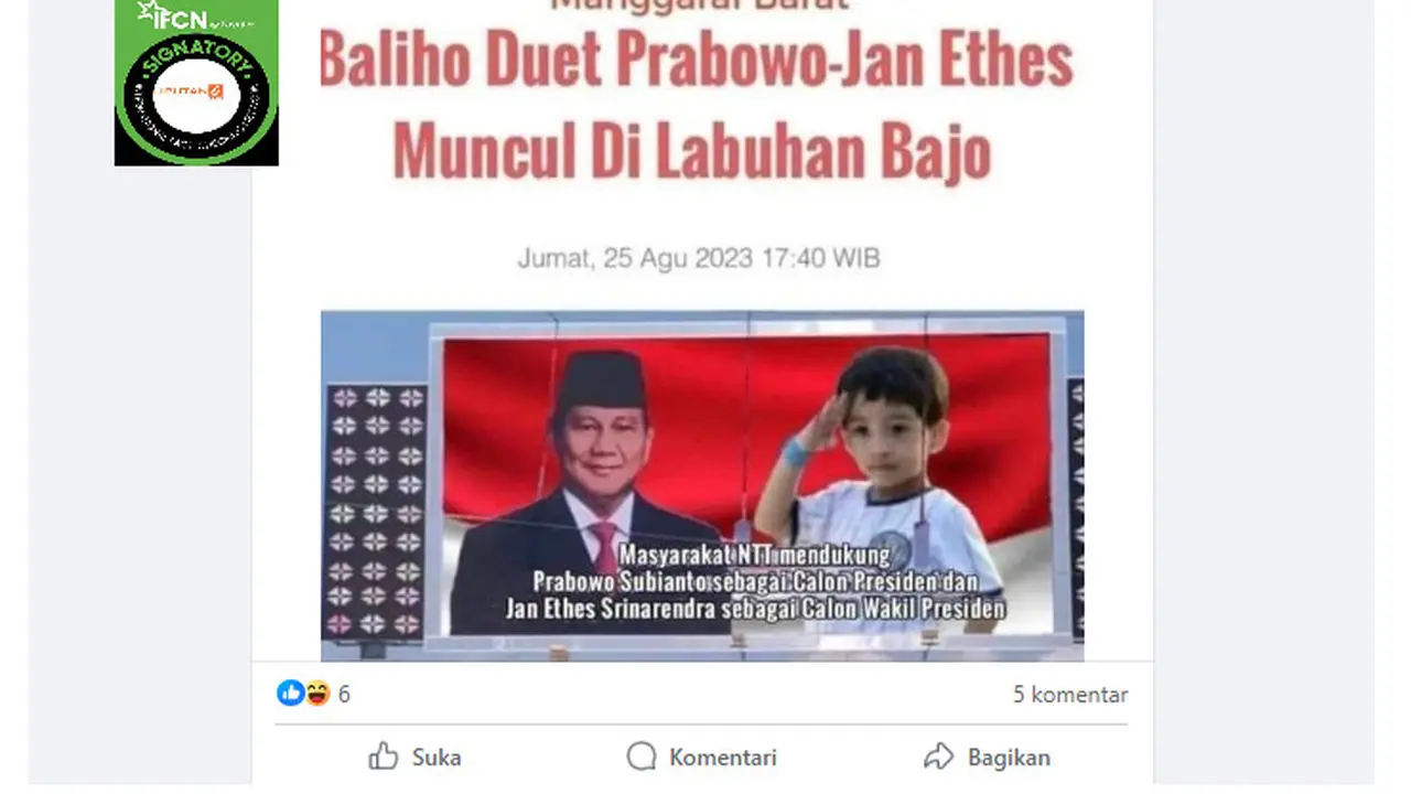 Tangkapan layar  klaim foto baliho Prabowo Subianto sebagai capres dan Jan Ethes sebagai cawapres muncul di Labuan Bajo