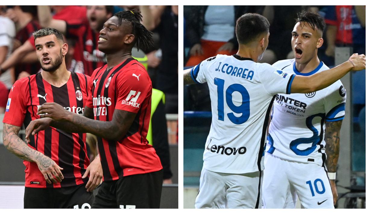 Dua tim sekota, AC Milan dan Inter Milan yang tengah bersaing memperebutkan gelar juara Liga Italia 2021/2022 harus menunggu hingga pekan terakhir untuk menentukan siapa yang layak menggenggam trofi. Keduanya sama-sama meraih kemenangan di pekan ke-37, Minggu (15/5/2022). (Kolase Foto AFP)